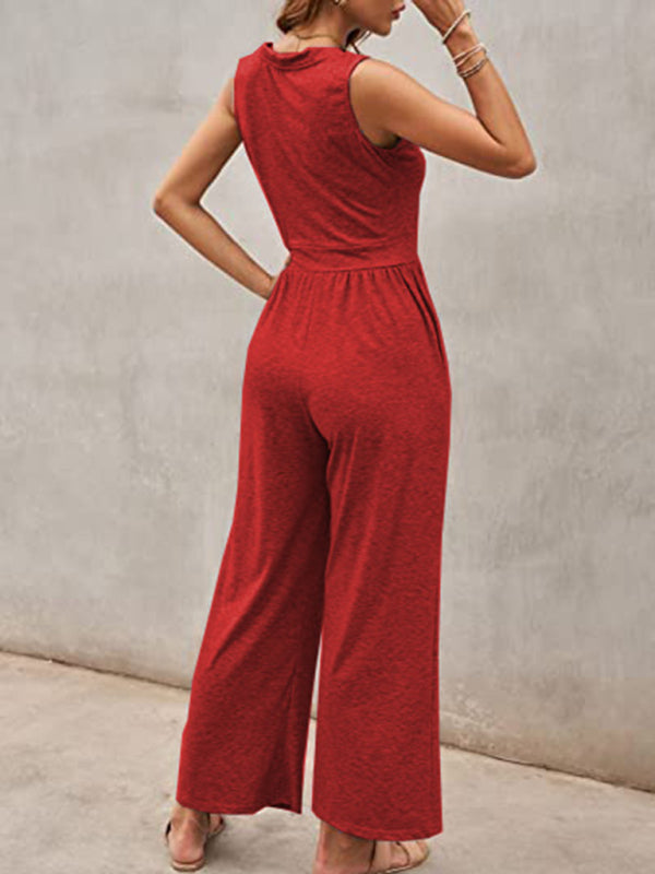 Red sleeveless jumpsuit back view