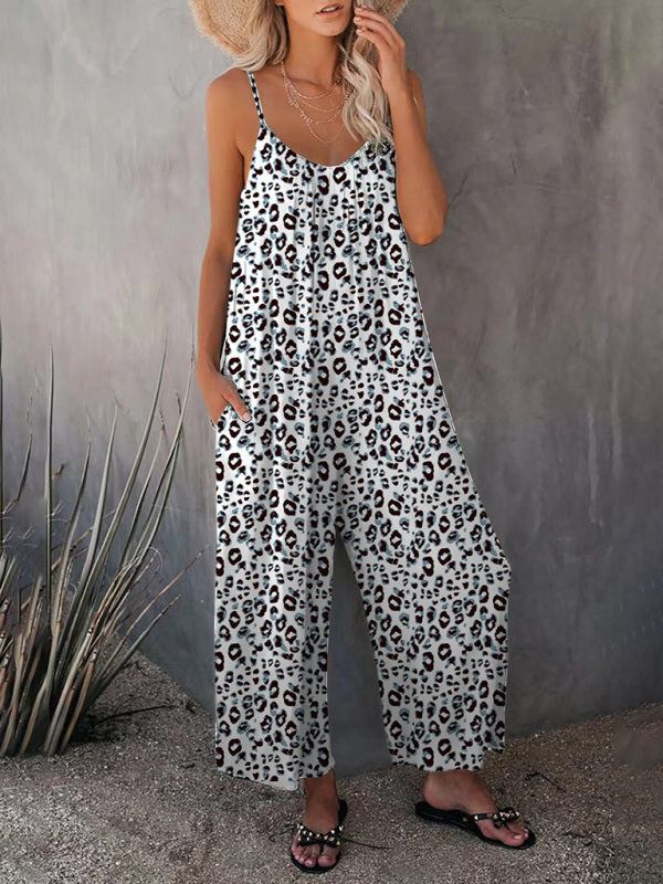 Front view of leopard print pocket jumpsuit