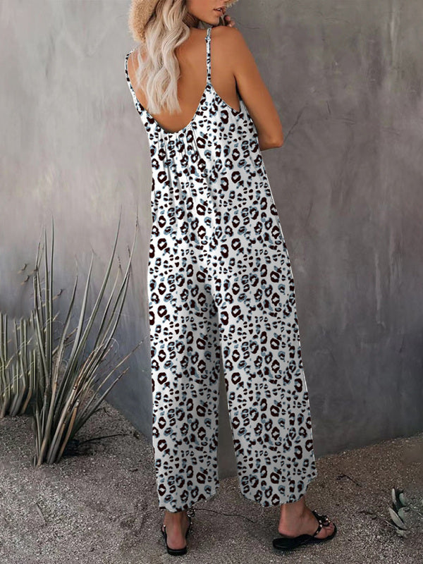 Rear angle of sleeveless leopard print jumpsuit