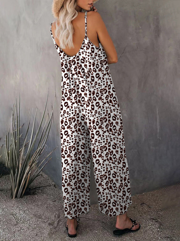 Back view of leopard print loose suspender jumpsuit