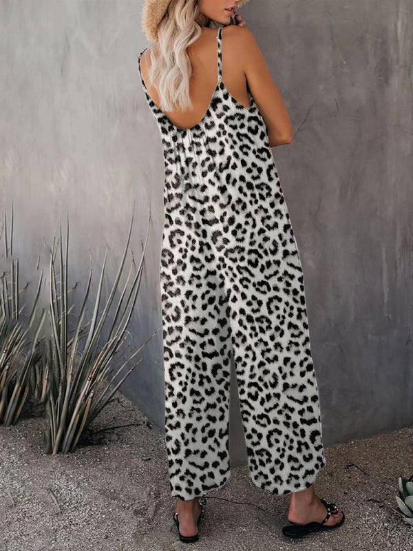 Back view of sleeveless leopard print jumpsuit