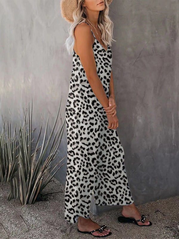 Side view of leopard print loose suspender jumpsuit