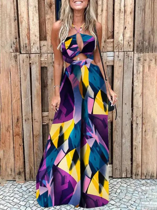 Colorful abstract print sling jumpsuit with cutout