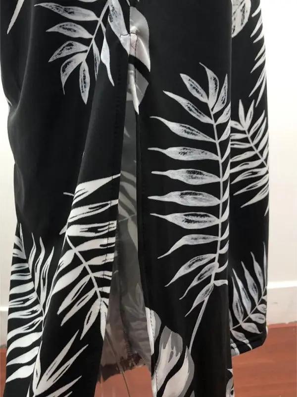Close-up of black and white printed jumpsuit fabric