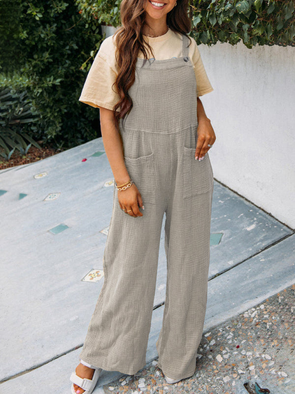 Casual gray pocket square collar loose suspenders jumpsuit