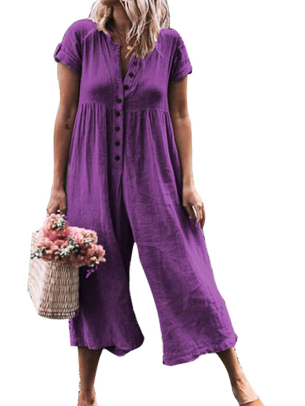 Purple wide-leg jumpsuit, casual and comfortable.