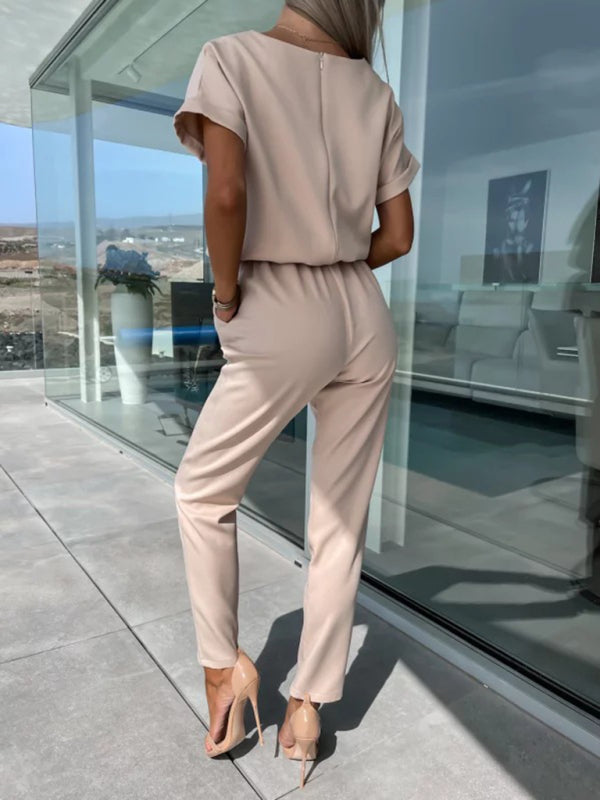 Back view of beige elastic waist cropped jumpsuit