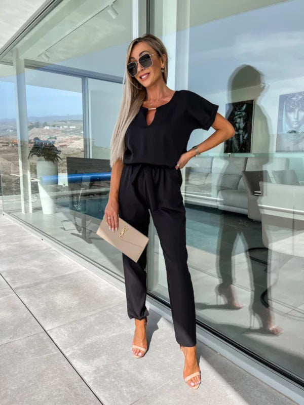 Black pencil pants cropped jumpsuit with tie-up waist