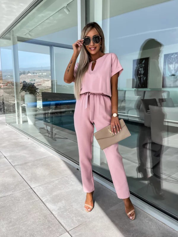 Pink V-neck tie-up cropped jumpsuit with slip pockets