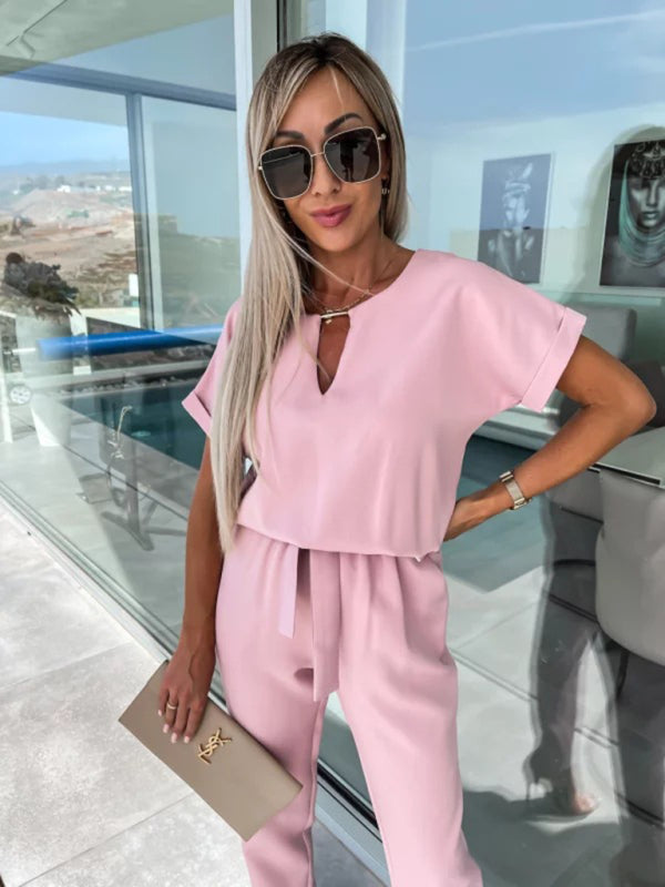 Close-up of pink V-neck tie-up cropped jumpsuit