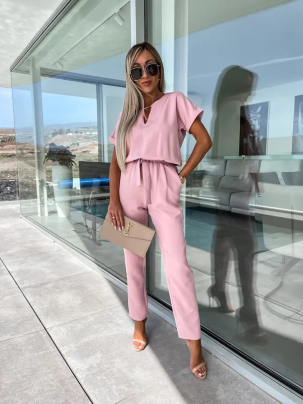 Pink pencil pants cropped jumpsuit with tie-up waist