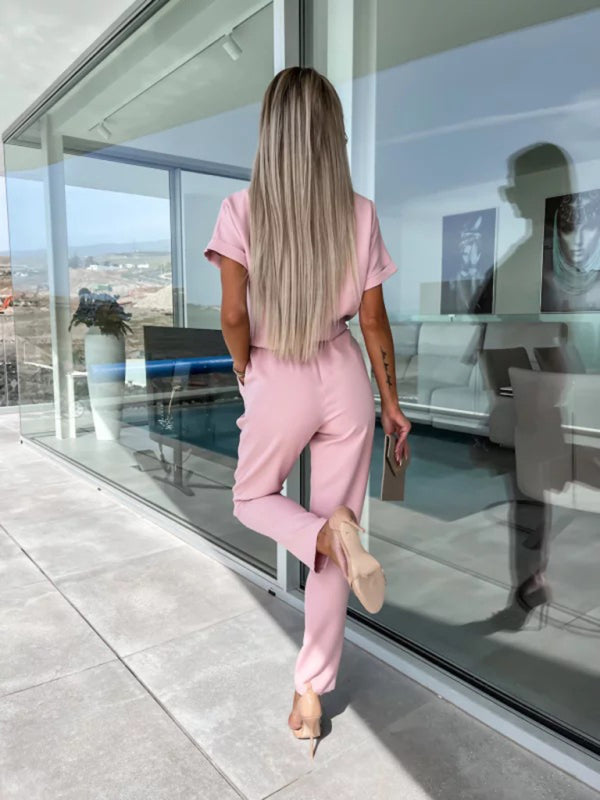 Back view of pink elastic waist cropped jumpsuit