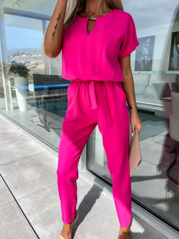 Bright pink pencil pants cropped jumpsuit with tie-up waist