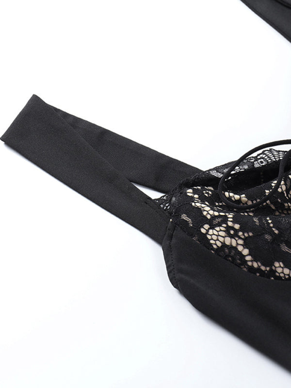 Sexy Spitzennaht, gewellter Ausschnitt, rückenfreies Trägerpaket, Hüftkleid in A-Linie