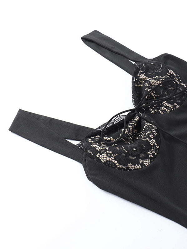 Sexy Spitzennaht, gewellter Ausschnitt, rückenfreies Trägerpaket, Hüftkleid in A-Linie