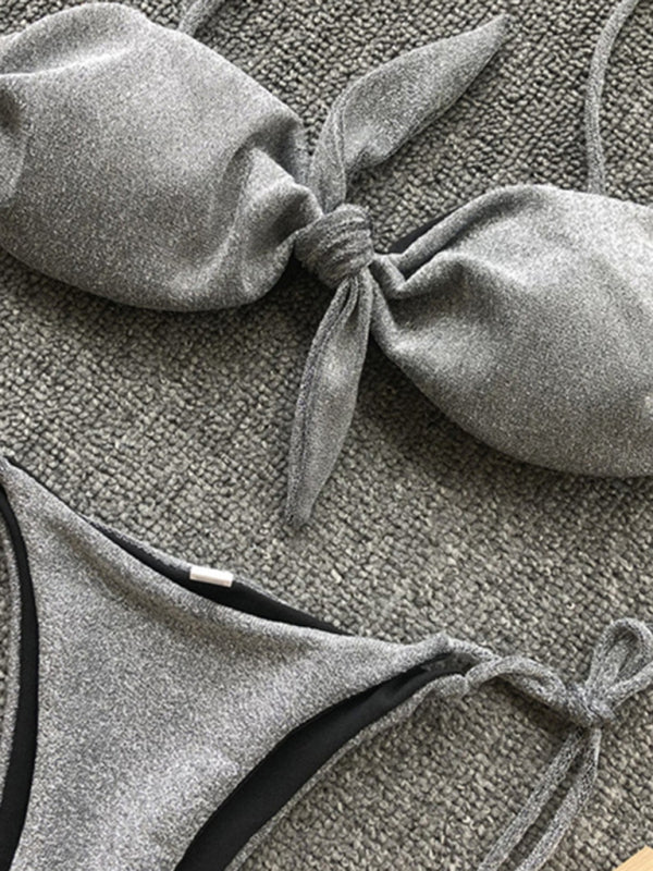 Sexy Dreipunkt-Bikini für Damen in Lila mit Riemchen und Push-up