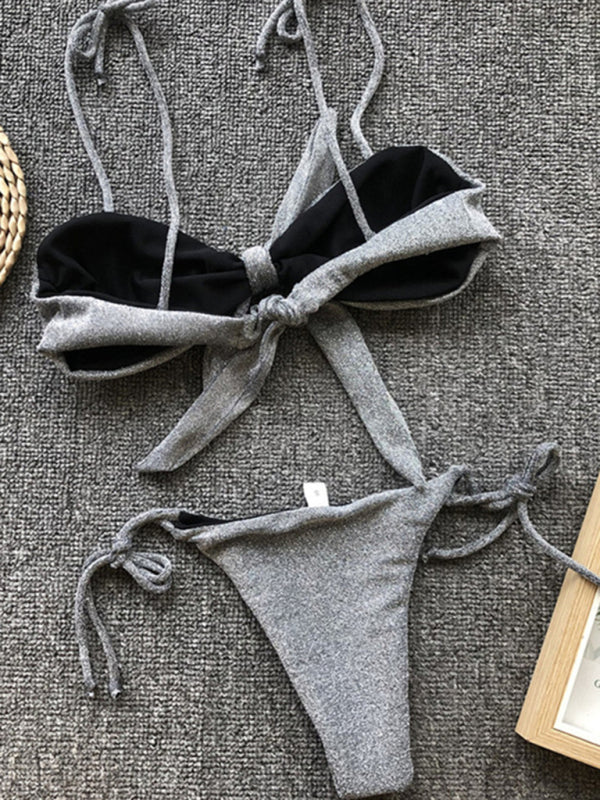 Sexy Dreipunkt-Bikini für Damen in Lila mit Riemchen und Push-up