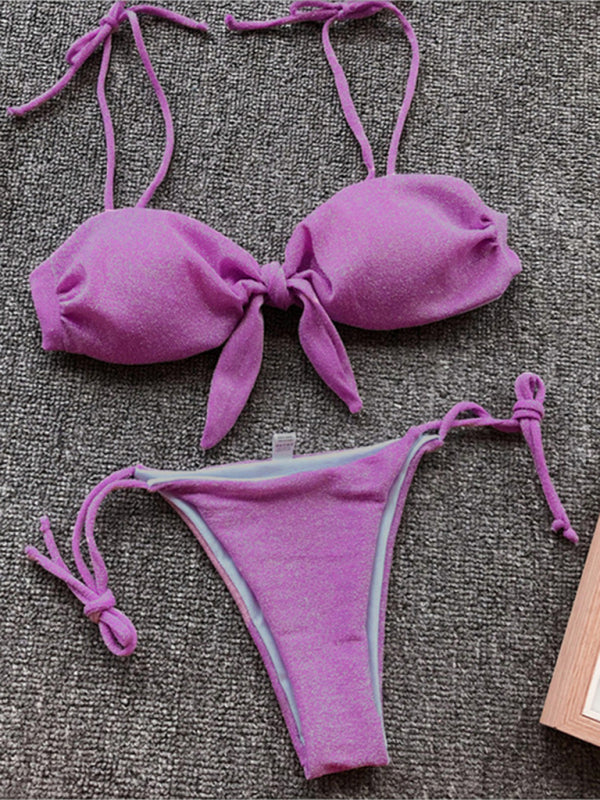 Sexy Dreipunkt-Bikini für Damen in Lila mit Riemchen und Push-up
