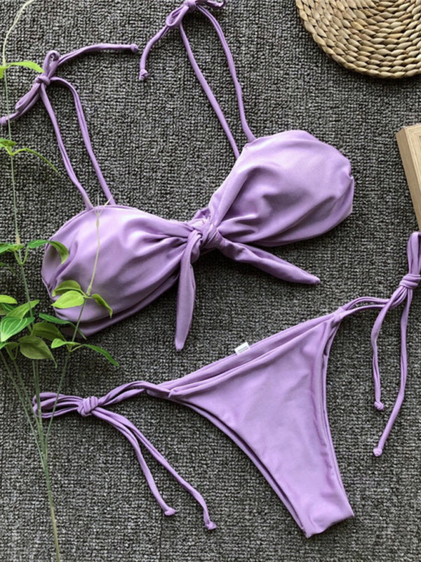 Sexy Dreipunkt-Bikini für Damen in Lila mit Riemchen und Push-up