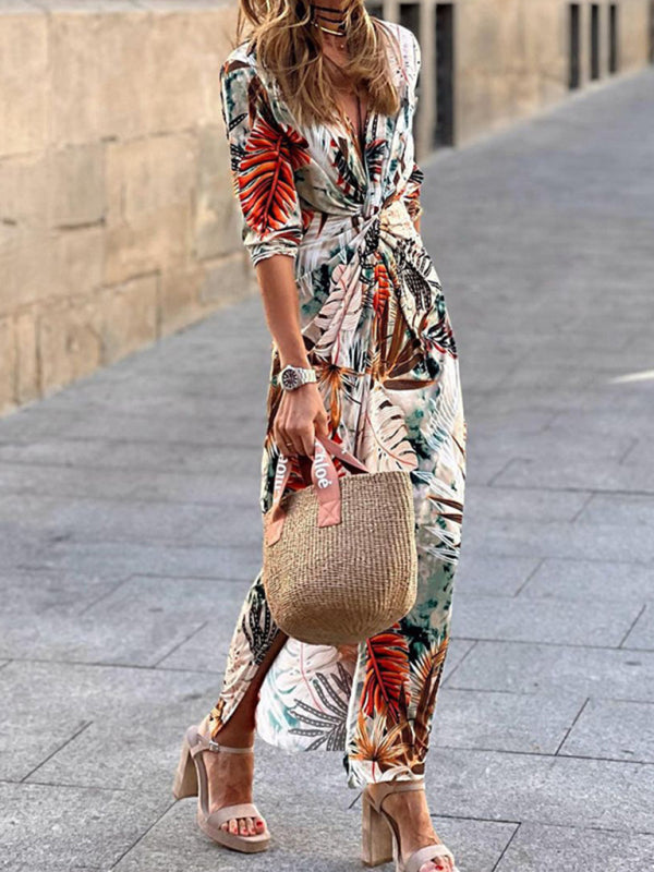 Knick-Kleid mit V-Ausschnitt für Damen mit Blattmuster