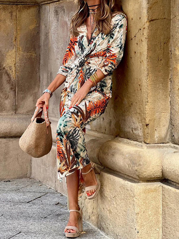 Knick-Kleid mit V-Ausschnitt für Damen mit Blattmuster
