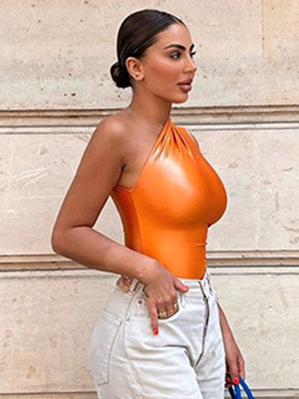 Orange one-shoulder sleeveless jumpsuit with white pants