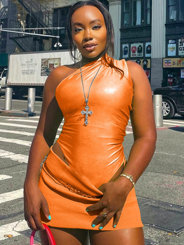 Orange one-shoulder sleeveless jumpsuit with skirt