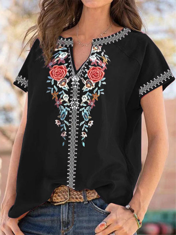 Lockeres Kurzarm-T-Shirt im Western-Ethno-Stil für Damen