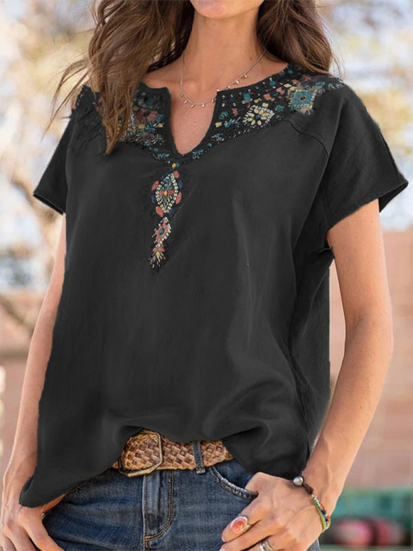 Lockeres Kurzarm-T-Shirt im Western-Ethno-Stil für Damen