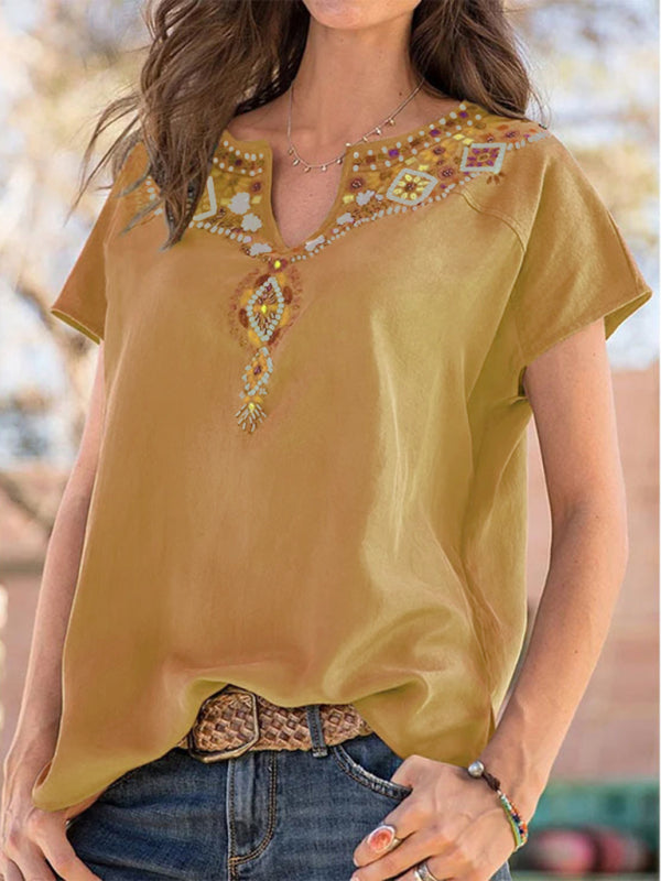 Lockeres Kurzarm-T-Shirt im Western-Ethno-Stil für Damen