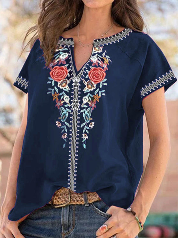 Lockeres Kurzarm-T-Shirt im Western-Ethno-Stil für Damen