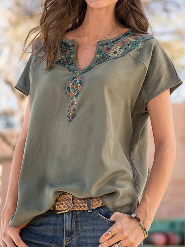 Lockeres Kurzarm-T-Shirt im Western-Ethno-Stil für Damen