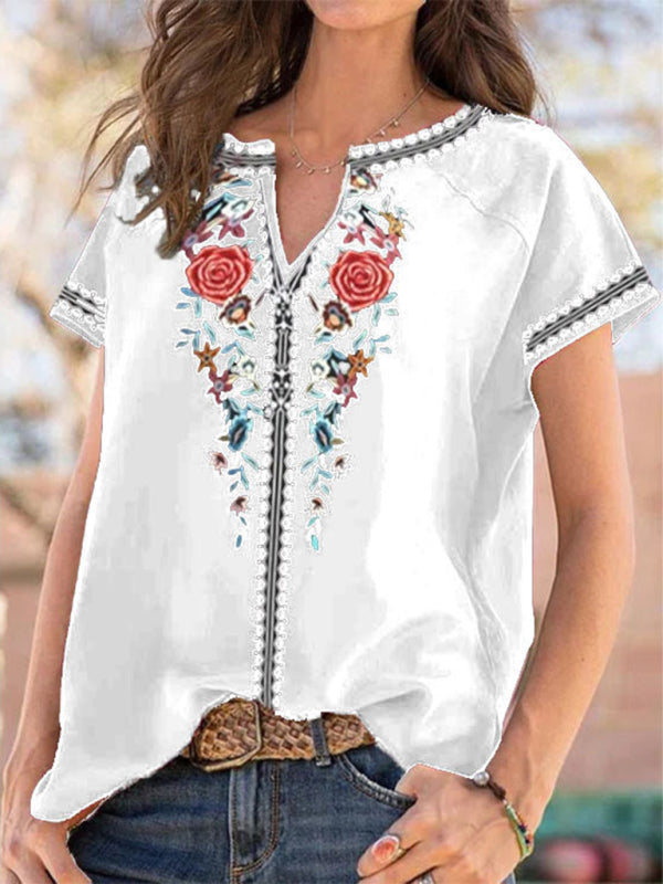 Lockeres Kurzarm-T-Shirt im Western-Ethno-Stil für Damen