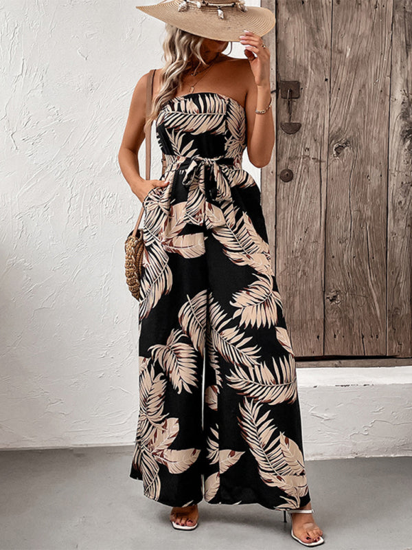 Fashionable leaf print tube top jumpsuit side view