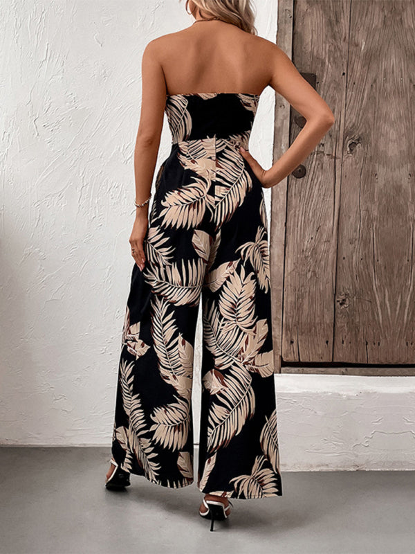 Back view of leaf print tube top jumpsuit