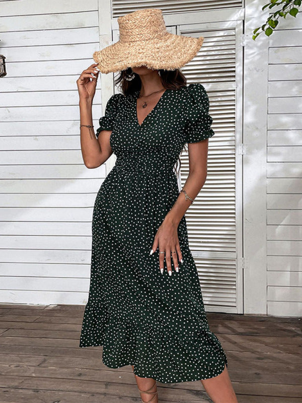 Neues, lässiges, mittellanges Urlaubskleid mit Polka Dots und V-Ausschnitt für Damen