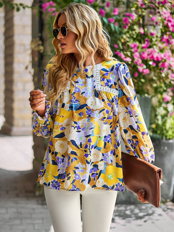 Damen Spitzennähte Blumentemperament Top All-Match Bluse