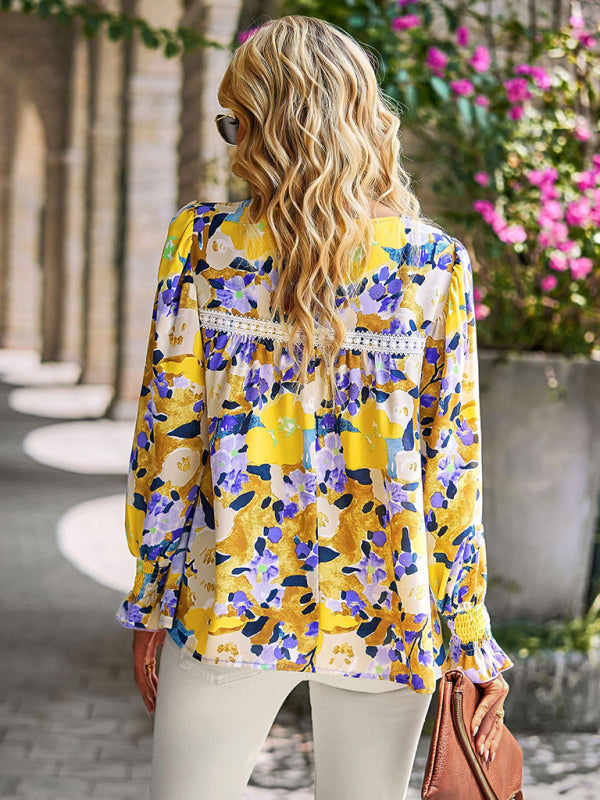 Damen Spitzennähte Blumentemperament Top All-Match Bluse