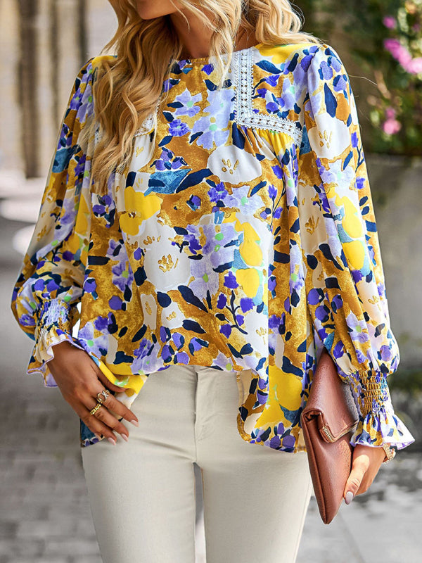 Damen Spitzennähte Blumentemperament Top All-Match Bluse