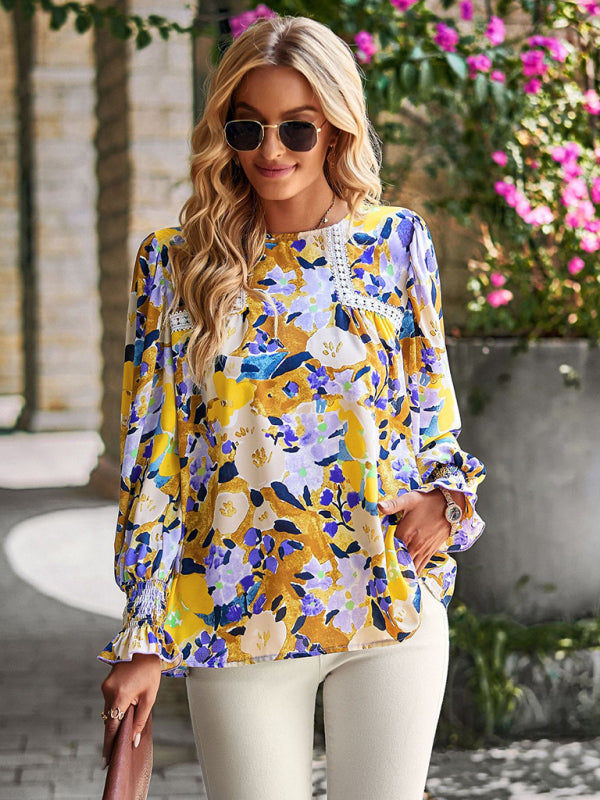 Damen Spitzennähte Blumentemperament Top All-Match Bluse