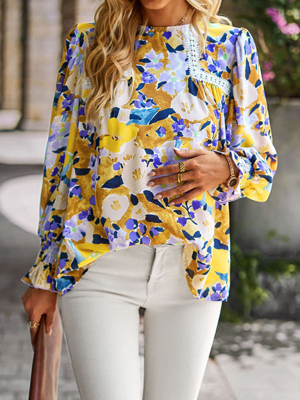 Damen Spitzennähte Blumentemperament Top All-Match Bluse