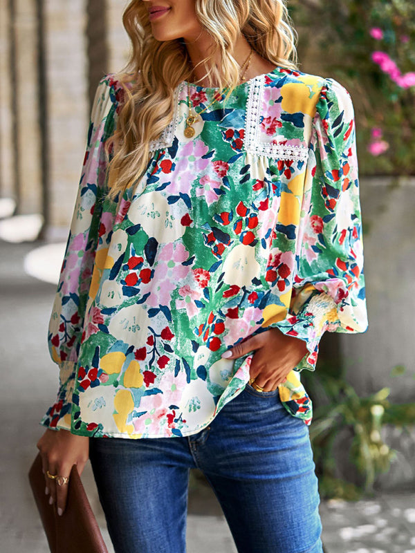 Damen Spitzennähte Blumentemperament Top All-Match Bluse