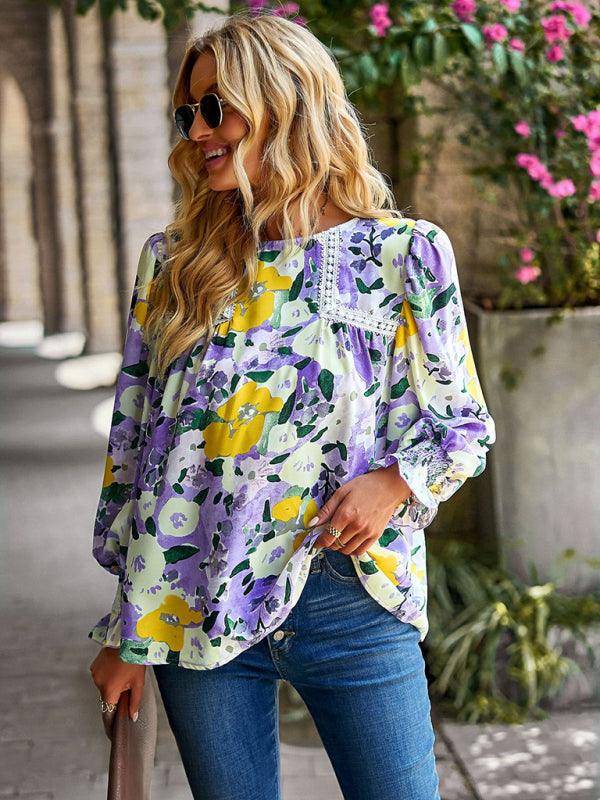 Damen Spitzennähte Blumentemperament Top All-Match Bluse