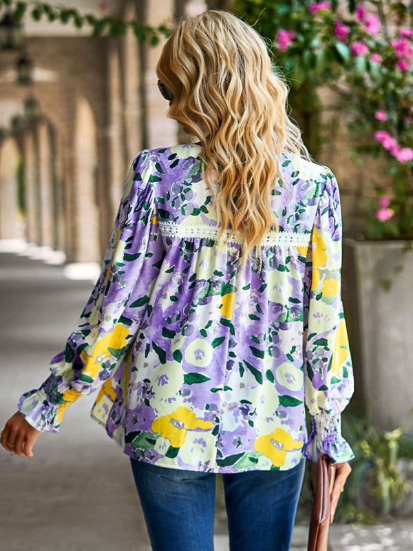 Damen Spitzennähte Blumentemperament Top All-Match Bluse
