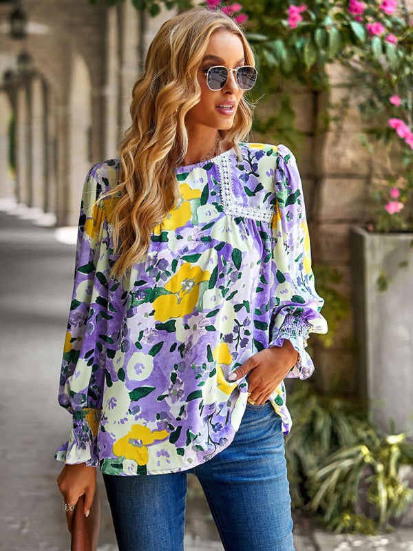 Damen Spitzennähte Blumentemperament Top All-Match Bluse