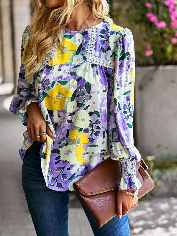 Damen Spitzennähte Blumentemperament Top All-Match Bluse