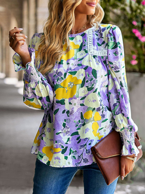 Damen Spitzennähte Blumentemperament Top All-Match Bluse