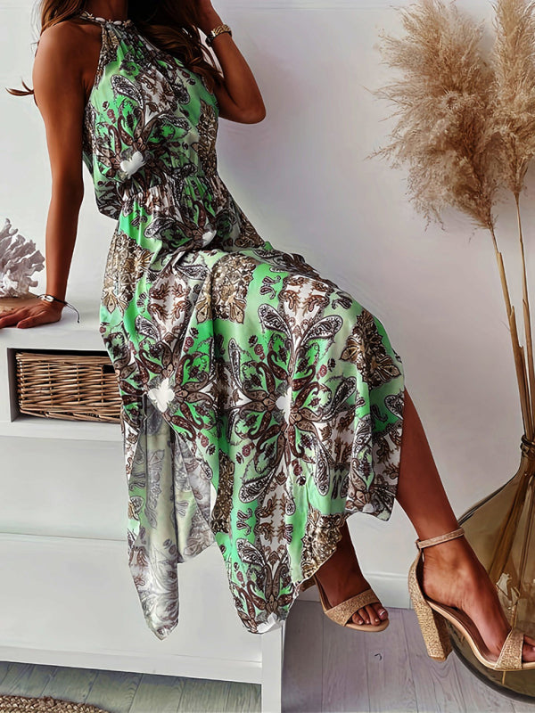 Böhmisches Print-Neckholder-Taillen-Schlitzkleid für Damen