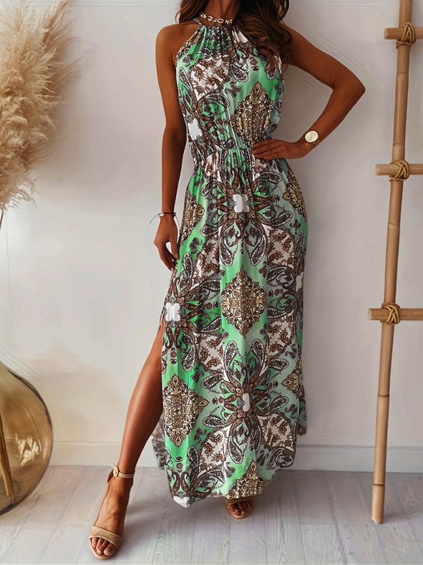 Böhmisches Print-Neckholder-Taillen-Schlitzkleid für Damen