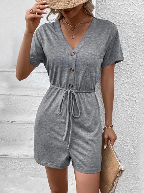 Gray v-neck jumpsuit with button details